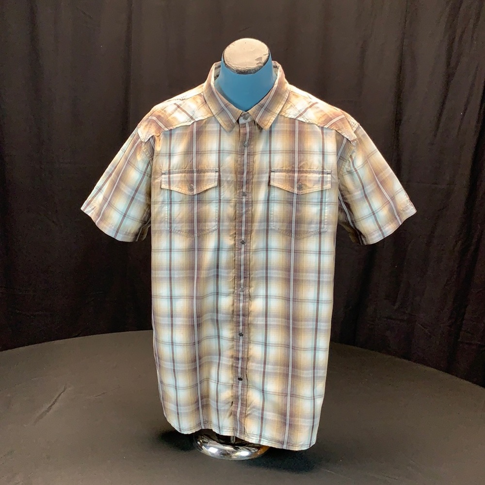 PrAna Mens size XL Brown Plaid Snap Down front Short Sleeve Casual Shirt